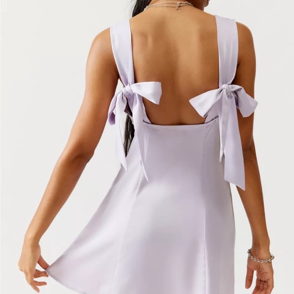 UO Bri Double Bow Satin Mini Dress - Lavender - Picture 2 of 7